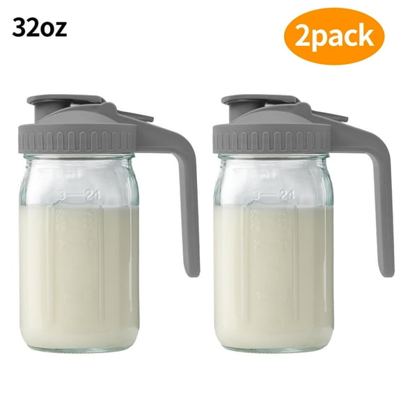 WLGJL 32oz Glass Pitcher with Lid & V-shaped Pour Spout - 1 Quart Breastmilk Pitcher Double Leak Proof, Creamer Container for Sun Tea, Juice, Cold Brew Coffee, Breastmilk Storage Container(2pack)