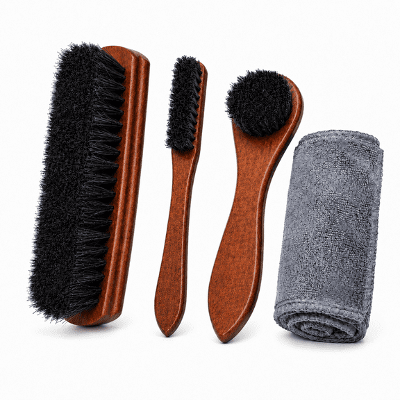 WLGJL 4 PCS Horsehair Shine Shoes Brush Kit Polish Dauber Applicators Cleaning Leather Shoes Boots Care Brushes Suede Cleaner Brush with Microfiber Shoe Cloth