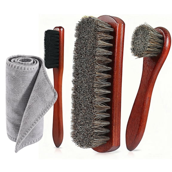WLGJL 4 pack Horsehair Shine Shoes Brush Kit Polish Dauber Applicators Cleaning Leather Shoes Boots Care Brushes Suede Cleaner Brush with Microfiber Shoe Cloth （Grey）