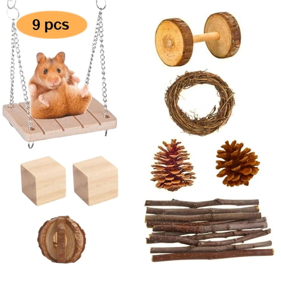 WLGJL 9 PCS Hamster Toys, Guinea Pig Toys Small Animal Chewing Toy and Rat Cage Accessories, Gerbils, Chinchillas, Rats, Rabbit Rodents Teeth Care, Apple Wood Timothy Hay Mouse Toy
