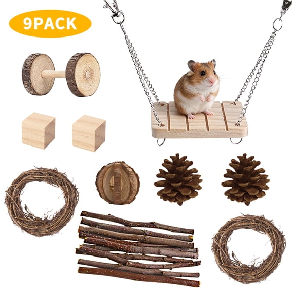WLGJL 9 PCS Hamster Toys, Guinea Pig Toys Small Animal Chewing Toy and Rat Cage Accessories, Gerbils, Chinchillas, Rats, Rabbit Rodents Teeth Care, Apple Wood Timothy Hay Mouse Toy