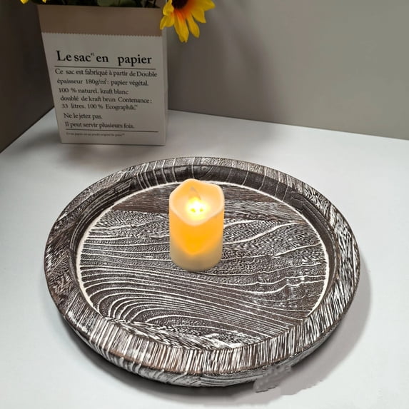 WLGJL Candle Plate Holder Tray: Round White Wood Decorative Tray Decor - Rustic Farmhouse Coffee Table Decor - Tealight Pillar Trays for Home Decor (Whitewashed)