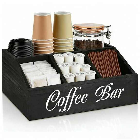 WLGJL Coffee Station Organizer for Counter, Wood Pods Holder Storage Basket, Tea Condiment Storage Organizer, Coffee Bar Decor for Accessories Organizer
