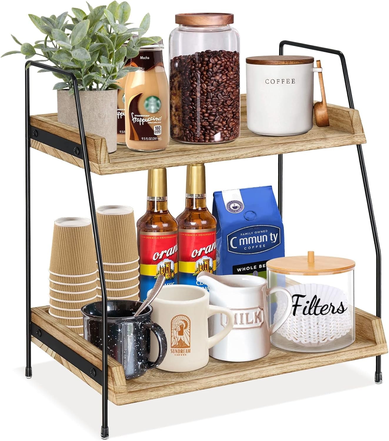 WLGJL Countertop Coffee Station Organizer, 2 Tier Wooden Shelf for Coffee Bar Accessories, Condiment Storage Caddy for Kitchen, Home, Office - Brown