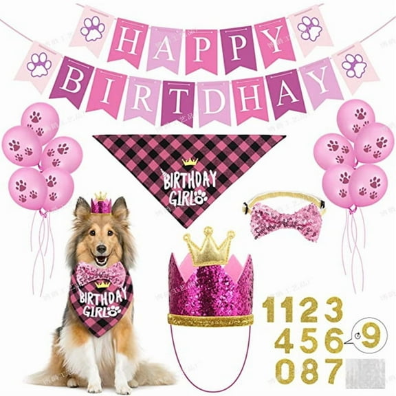 WLGJL Pet Birthday Party Supplies, Birthday Hat Bandana Scarf with Cute Bow Tie, Flag, Balloons, Party Supplies Decorations (Pink)
