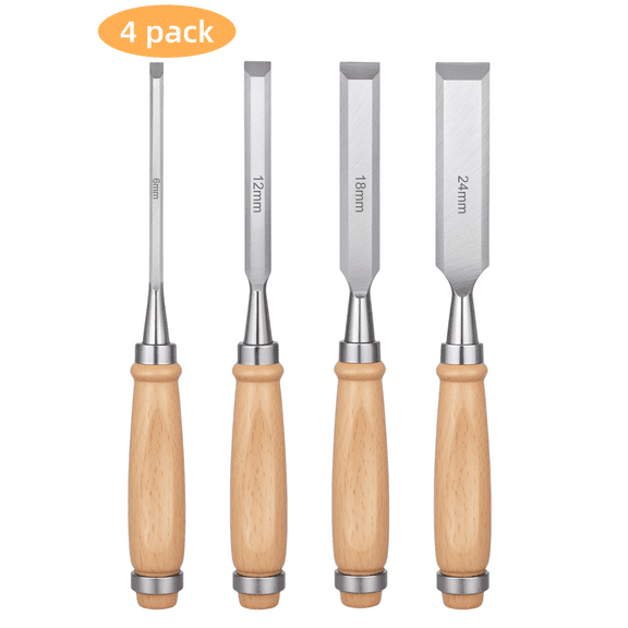 WLGJL Firmer Chisels Set, 4-Piece, Wooden Handles, Straight Edge, Alloy Steel Blades