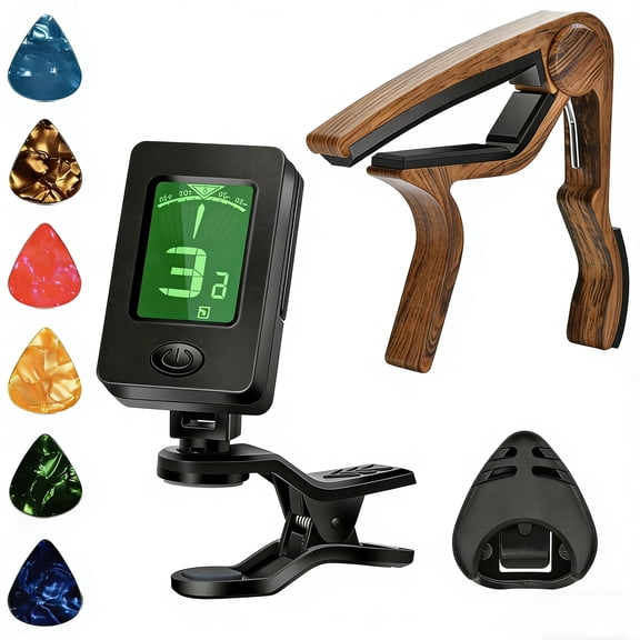 WLGJL Guitar Capo, Guitar Picks, Guitar Accessories with Guitar Tuner, Capo for Acoustic Guitar, Quick Release, Guitar Tuner Clip on for Guitar, Violin, Bass, Ukulele Chromatic, Rosewood