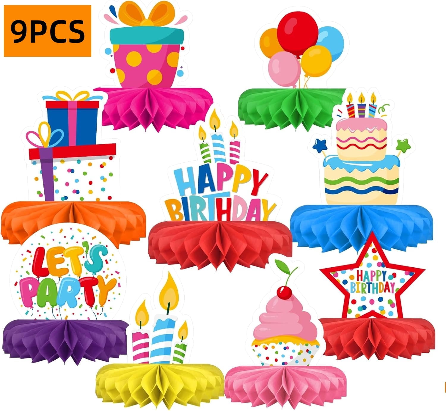 WLGJL Happy Birthday Decorations Set - Colorful Themed Honeycomb Centerpiece, Table Decoration for Kids' Birthday Party Supplies (9 pack)