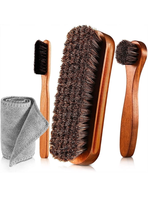 Horsehair Shine Shoes Brush Kit Polish Dauber Applicators Cleaning Leather Shoes Boots Care Brushes Suede Cleaner Brush with Microfiber Shoe Cloth(4 Pcs)
