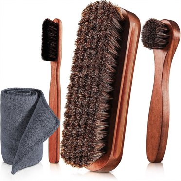 WLGJL Horsehair Shine Shoes Brush Kit Polish Dauber Applicators Cleaning Leather Shoes Boots Care Brushes Suede Cleaner Brush with Microfiber Shoe Cloth(4 Pcs)