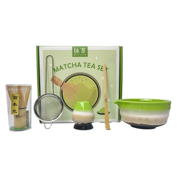 WLGJL Matcha Whisk Set, Japanese Tea Set (5pcs) includes Matcha Bowl with Spout, Bamboo Matcha Whisk and Matcha Scoop, Matcha Whisk Holder, Stainless Steel Sifter,（Green and Black）