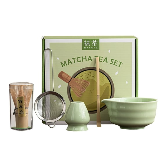 WLGJL 5PCS Japanese Matcha Whisk Set Includes Matcha Bowl with Spout, Bamboo Matcha Whisk and Matcha Scoop, Matcha Whisk Holder, Stainless Steel Sifter, Tea Making Tools, (Green)