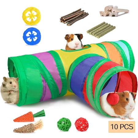 WLGJL Rabbit Toys, Bunny Tunnels & Tubes, Collapsible 3 Way Rabbit Hideout Tunnel with Chew Toys for Bunny Guinea Pig Ferret Kitten