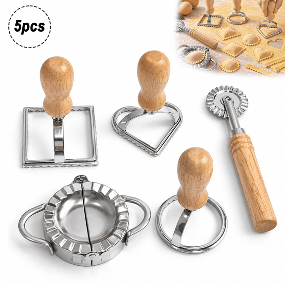 WLGJL Ravioli Stamp Maker Cutter, Wooden Handle, Fluted Edge, Round, Aluminum Blade, Set of 5