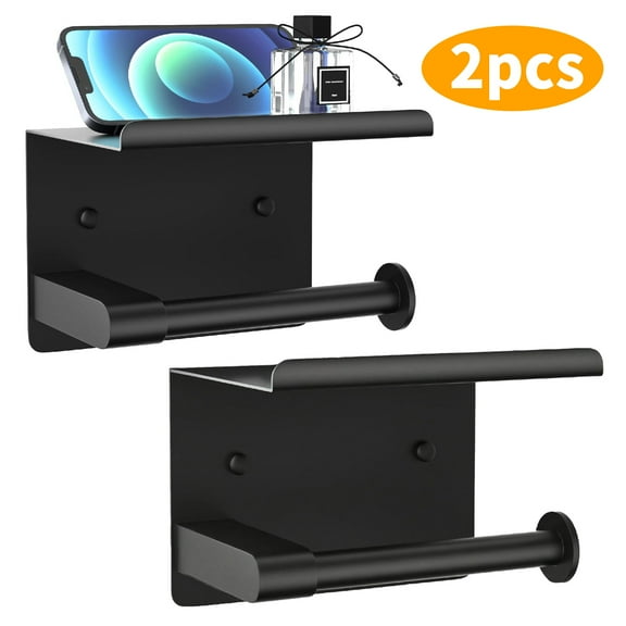 WLGJL Toilet Paper Holder with Shelf, Fits Mega Rolls, Rustproof Stainless Steel, Self Adhesive Wall Mount Toilet Paper Roll Holder, for Bathroom, Washroom, Kitchen, RV,2PCS(Matte Black)