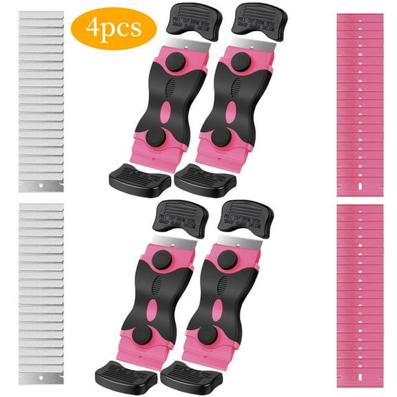 WLGJL 2-in-1 Blade Scraper Tool with 20Pcs Plastic Blades and 20Pcs Metal Blades, Multi-Purpose Cleaning Razor Scraper for Decals, Stickers, Labels, Caulk, Adhesive, Paint Removal,  4 PACK (Pink)