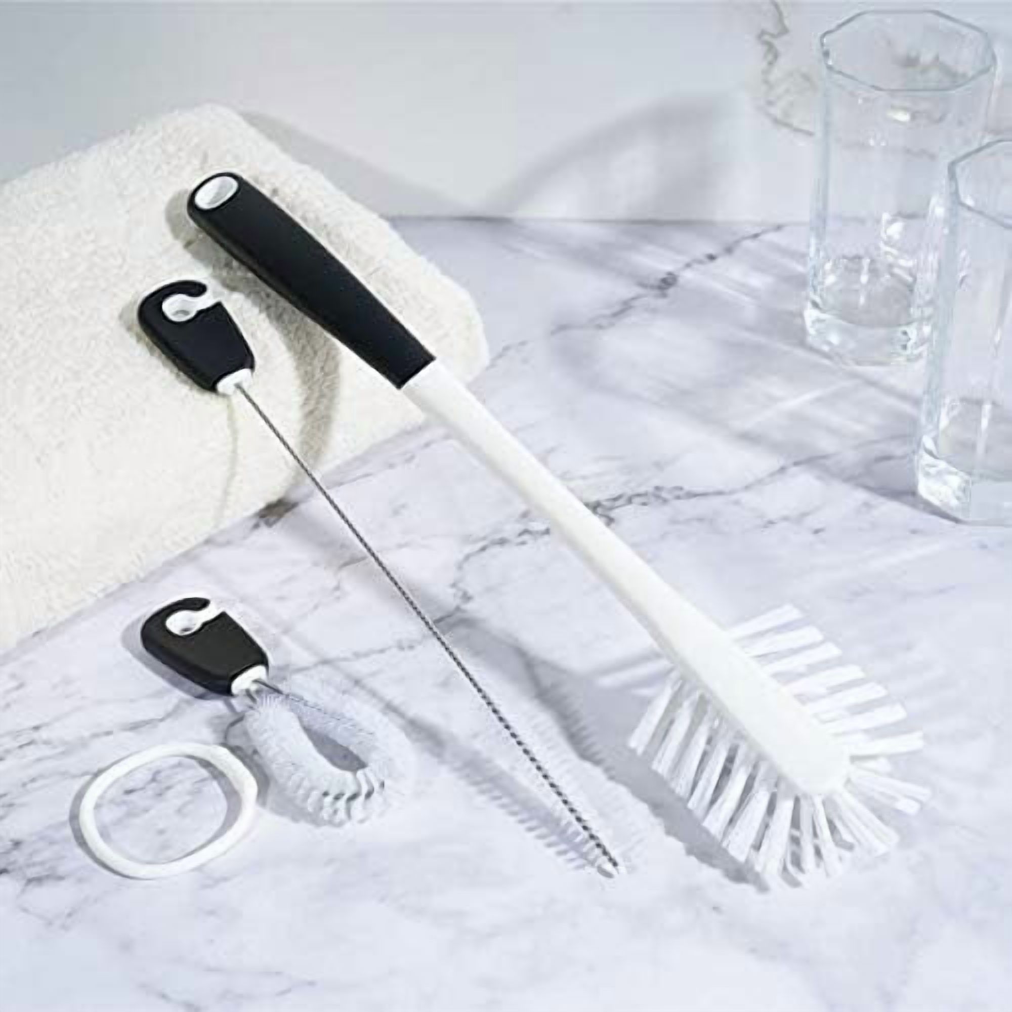 WLIKKS 3-in-1 Water Bottle Cleaning Brush Set - Long Handle Scrubbing Brush for Tumbler, Straw, Baby Bottles, Drinking Glasses, White