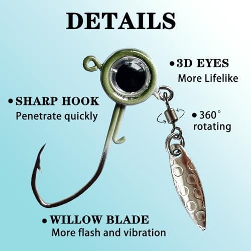 WLIKKSCrappie Jigs Underspin Jig Heads 3D Eyes Crappie Jig Heads 1/32oz 1/16oz 1/8oz Fishing Jig Heads for Crappie Bluegill 10 Packs