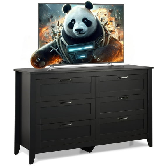 WLIVE 6 Drawer Wooden Dresser for Bedroom, TV Stand Retro Chest of Drawers for Living Room - Black