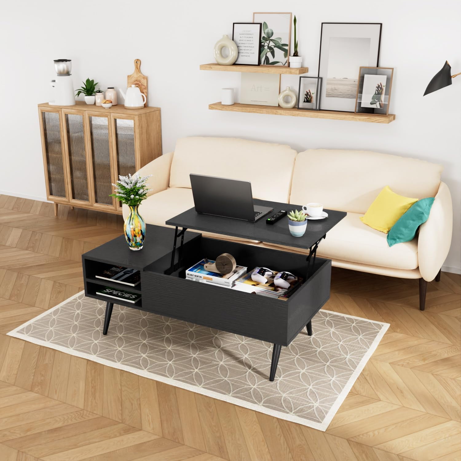 WLIVE Black Coffee Table with Hidden Compartment and Storage Shelf