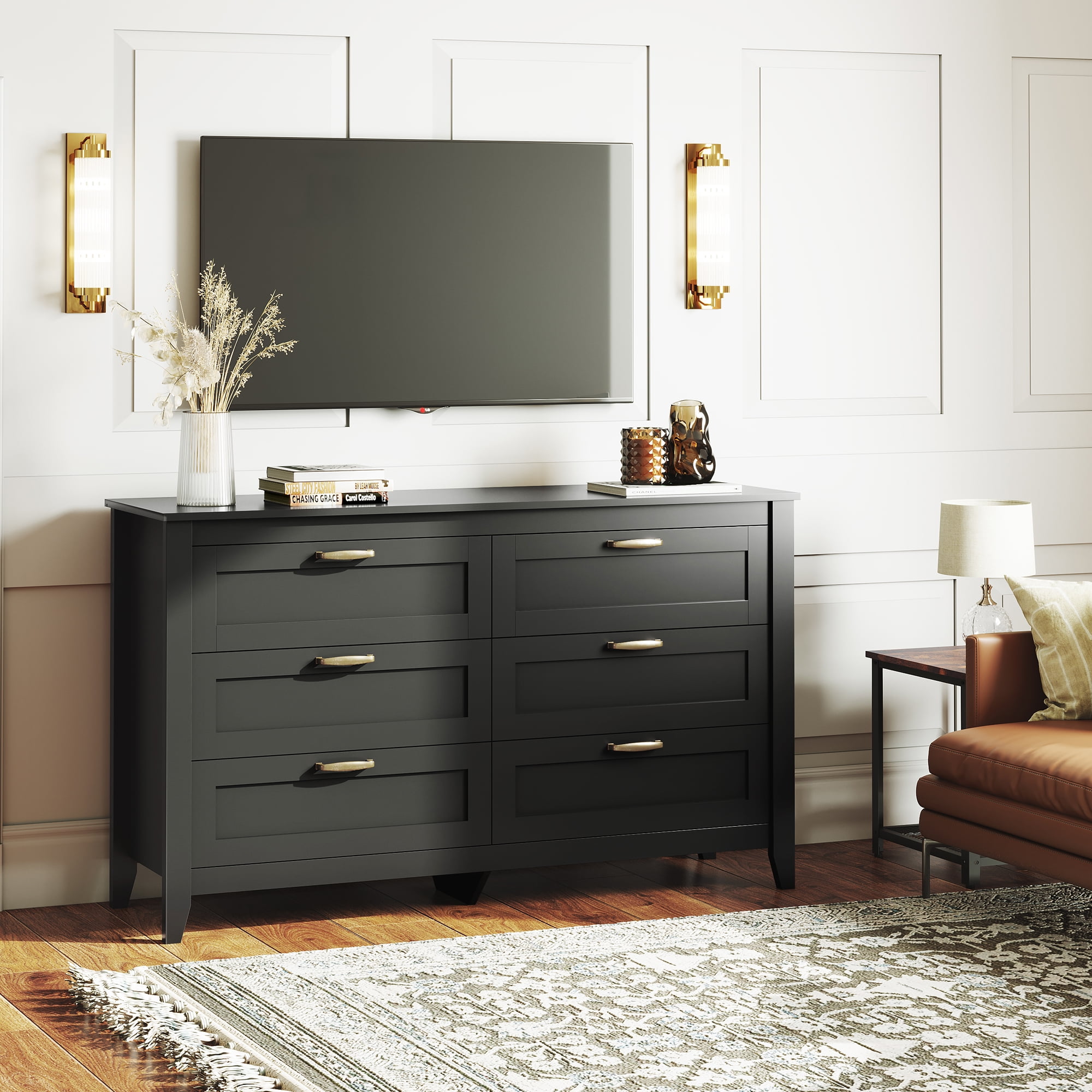 WLIVE Black Dresser for Bedroom, Double Dresser with Chest of 6 Drawers
