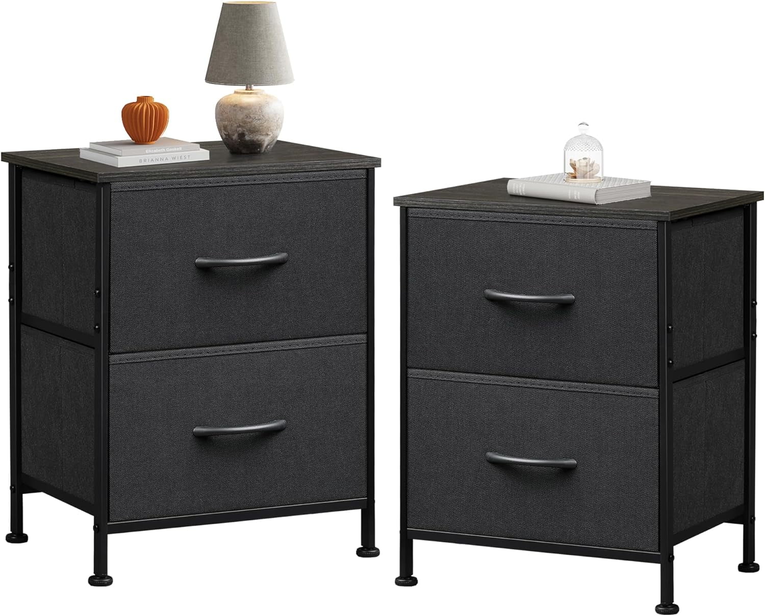 WLIVE Black Nightstand Set of 2, Night Stand with 2 Fabric Drawers ...
