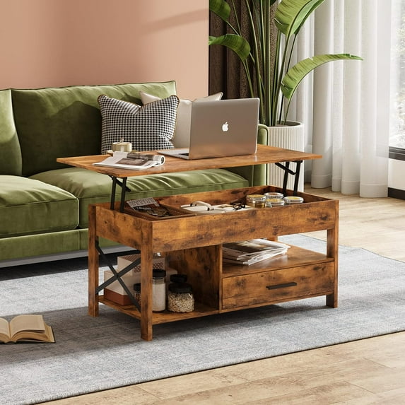 WLIVE Coffee Table for Living Room, Lift Top Coffee Table with Storage, Small Coffee Table with Hidden Compartment and Steel Frame, Wooden Dining Table with Rising Top, Rustic Brown