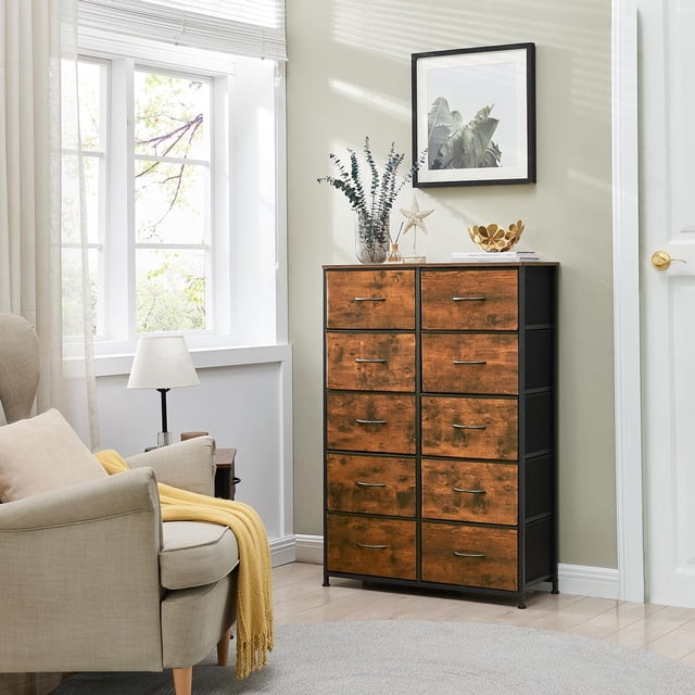 WLIVE 10Drawer Fabric Dresser Storage Unit with Wood Top, For Bedroom