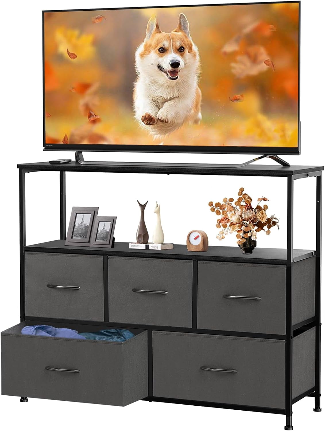 WLIVE Dresser TV Stand for Bedroom, Entertainment Center with 5 Fabric Drawers, Media Console Table with Open Shelves for TV up to 45 inch for Living Room, Entryway, Dark Grey