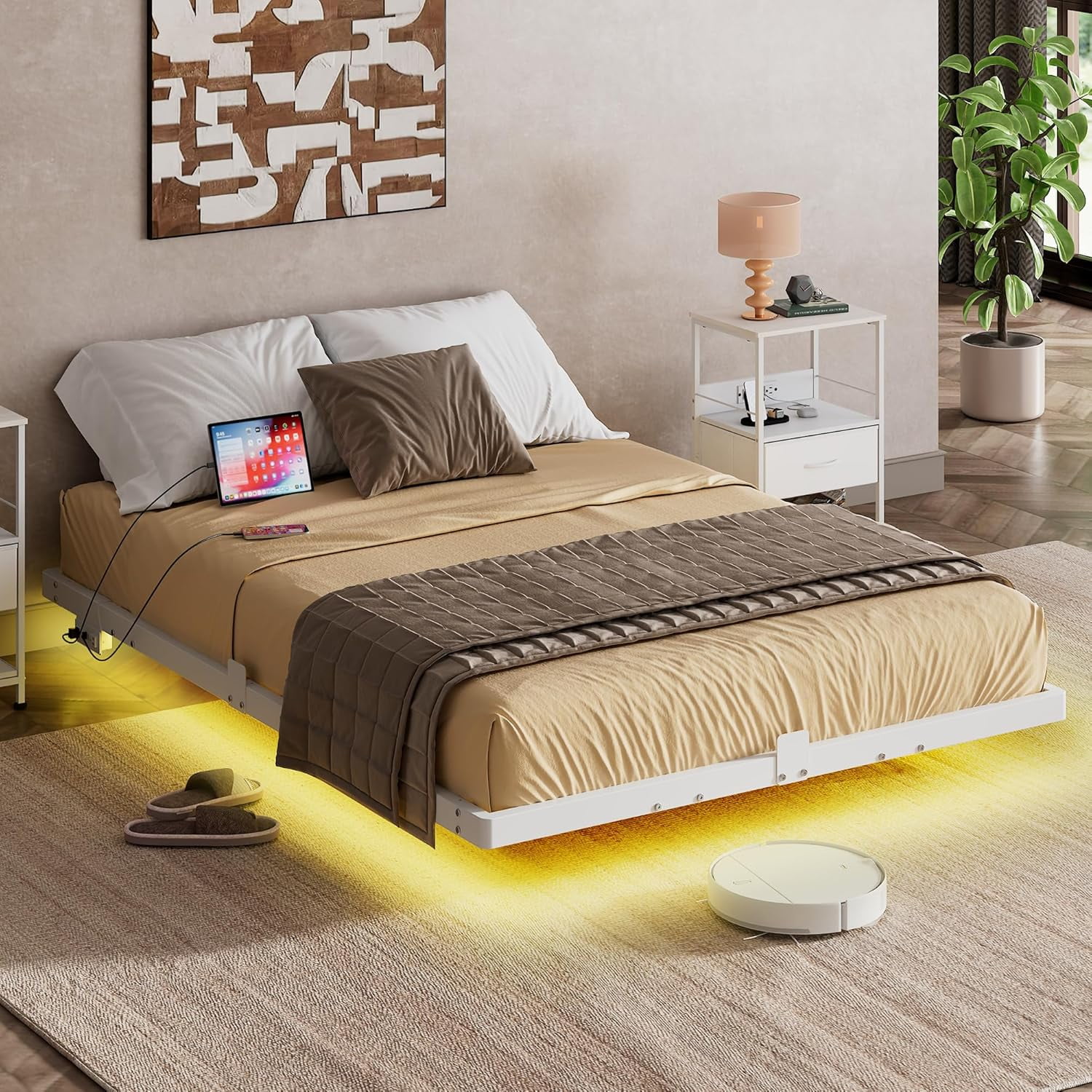 WLIVE Floating Bed Frame Full Size with LED Lights and Charging Station, Metal Platform Bed Frames Full, No Box Spring Needed, Sturdy Support, Easy Assembly, No Noise, White