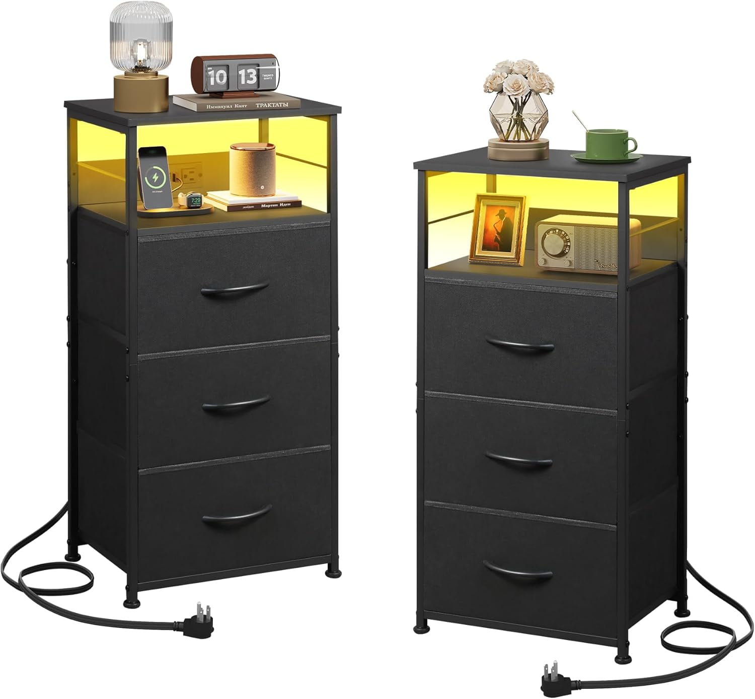 WLIVE LED Nightstand Set of 2 with Charging Station, Black Night Stand ...