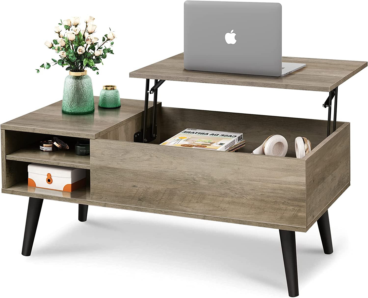 Greige Lift-Top Coffee Table with Storage and Adjustable Shelf