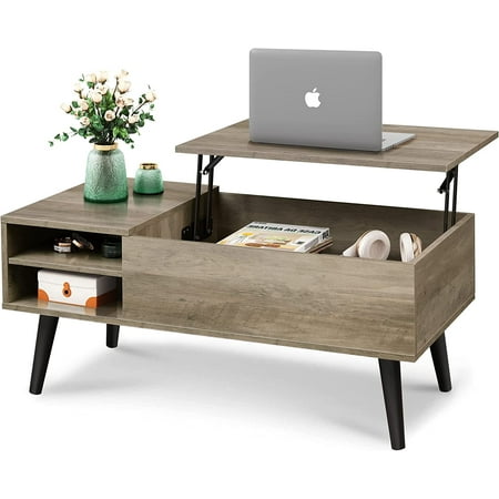 WLIVE Lift Top Coffee Table for Living Room, Rising Tabletop Coffee Tables for Dining Room with Storage , Small Hidden Compartment and Adjustable Shelf, Mid Century Home Furniture , Wood, Greige