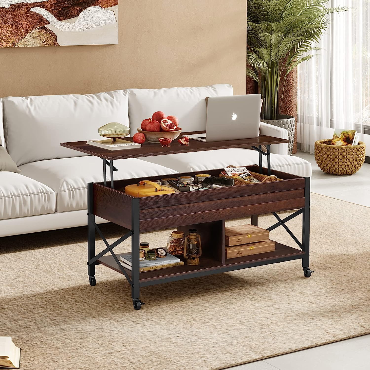 WLIVE Lift Top Coffee Table for Living Room, Rising Top Wood Coffee Table on Wheels with Storage