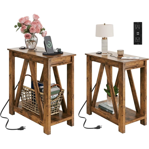 Narrow Black End Table with Charging Station of Open Storage Shelf, Sofa Side Table with 2 USB Ports and 2 Power Outlets, Slim Farmhouse End Table for Small Spaces, 11.8" D x 23.6" W x 23.74" H