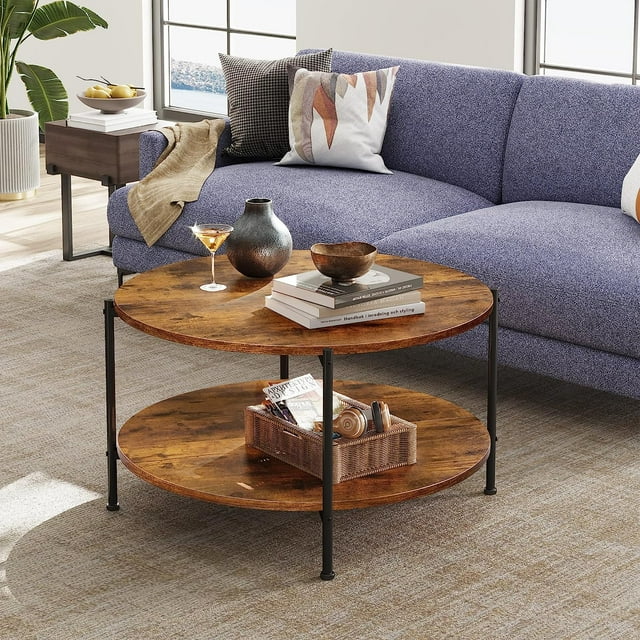 WLIVE Round Coffee Table for Living Room, 2Tier Vintage Modern Circle