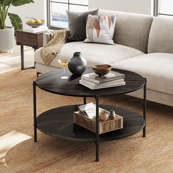WLIVE Round Coffee Table, Wood Coffee Table for Living Room, 2-Tier Circle Coffee Table with Sturdy Metal Legs Storage Shelf, Charcoal Black