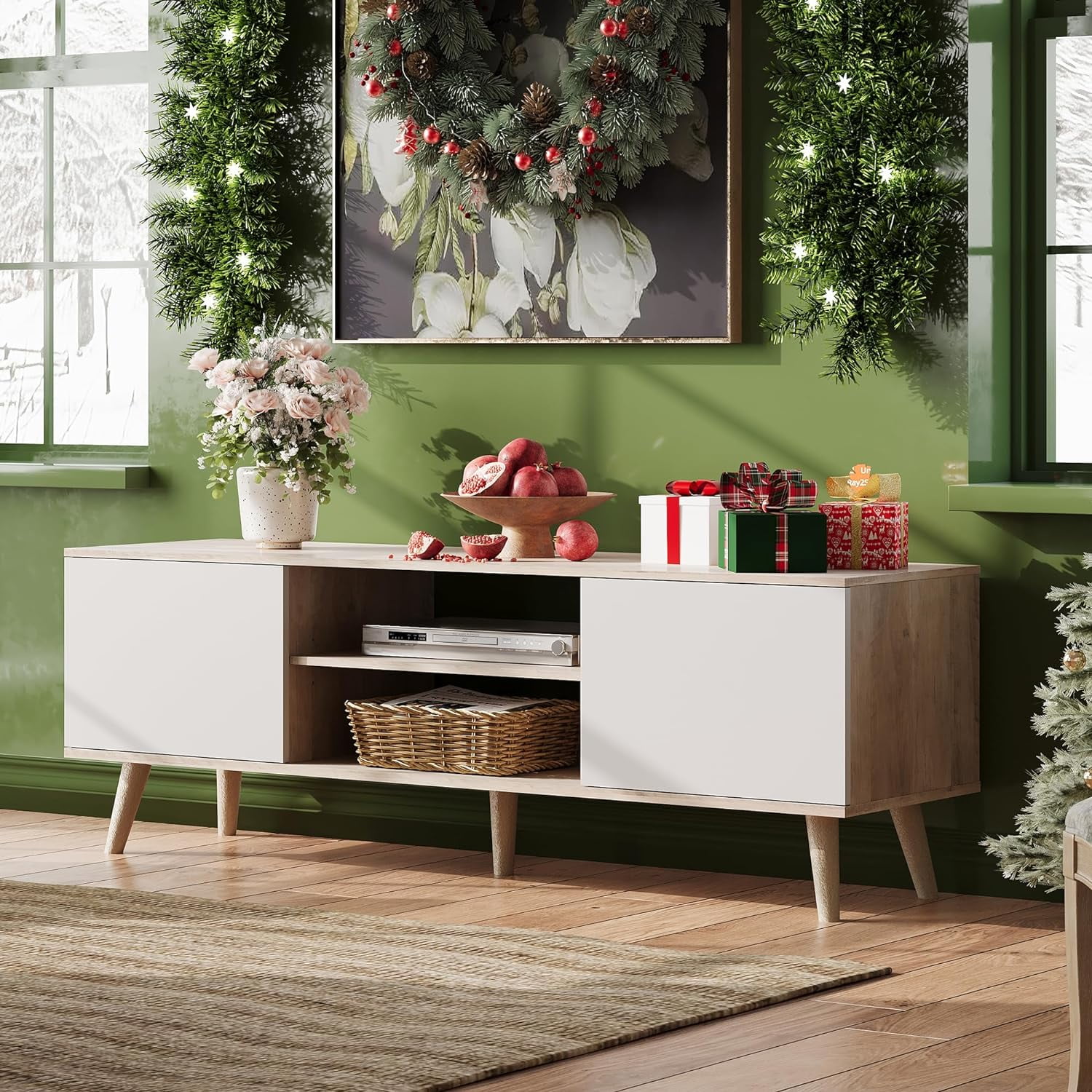 WLIVE TV Stand for Living Room, Up to 55 60 inch TV, Boho Entertainment Center with Storage Cabinets for Bedroom, Small TV Console for Living Room Home Decor, Greige White