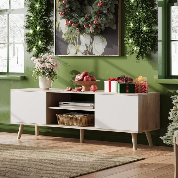 WLIVE TV Stand for Living Room, Up to 55 60 inch TV, Boho Entertainment Center with Storage Cabinets for Bedroom, Small TV Console for Living Room Home Decor, Greige White