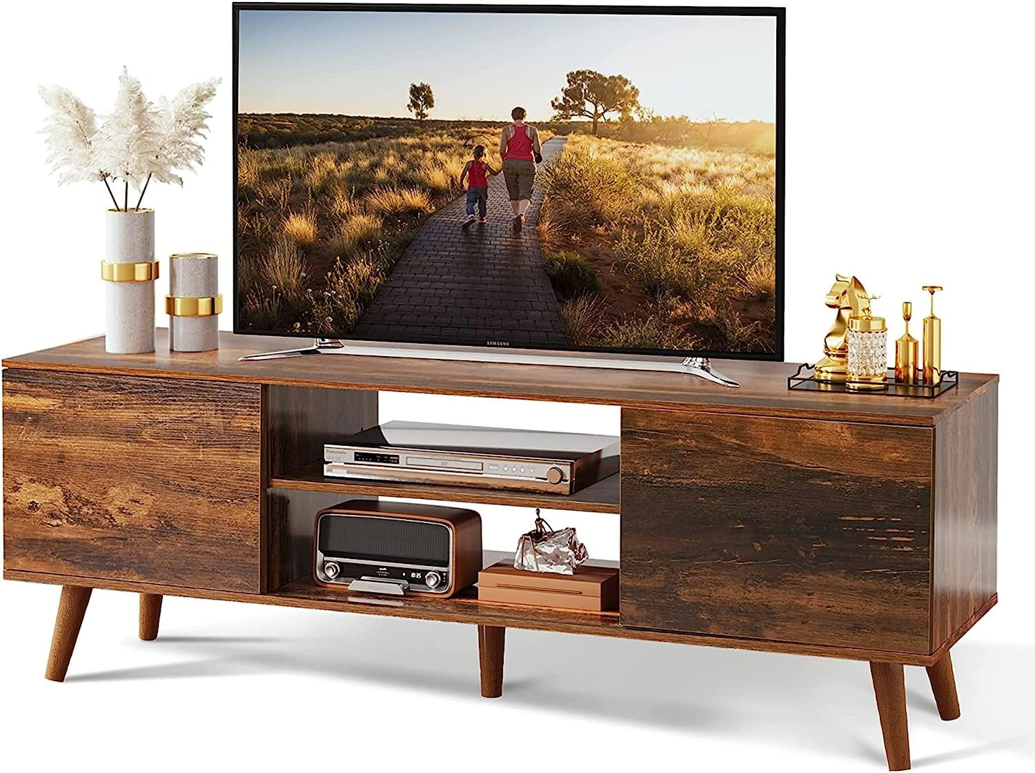 Mid-Century Modern Brown Wood TV Stand with Cabinets