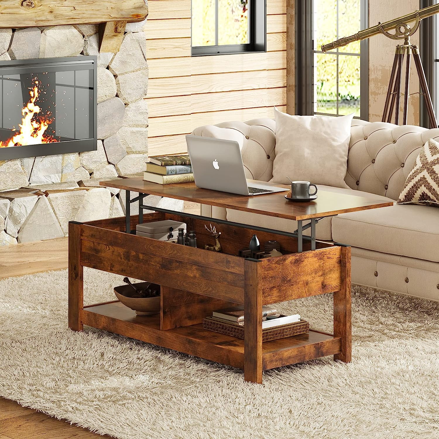 WLIVE Rustic Brown Wooden Lift-Top Coffee Table with Hidden Storage