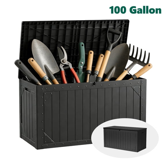 WLLJOY 100 Gallon Outdoor Storage Resin Deck Box, Lockable Patio Outdoor Storage Box for Furniture, Garden Tools and Tools Storage, Waterproof, Black