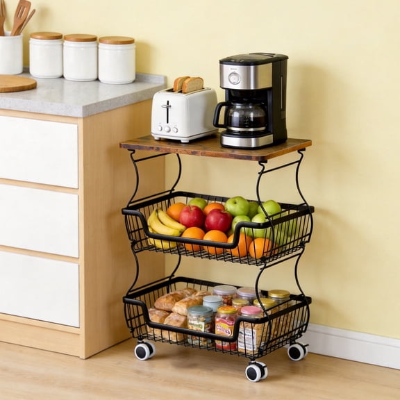 WLLJOY 3-Tier Rolling Pantry Cart with Wheels and Top Shelf, Stackable Wire Pantry Baskets for Pantry Shelves, Kitchen Fruit Basket Stand and Storage Rack for Fruit Snack Book