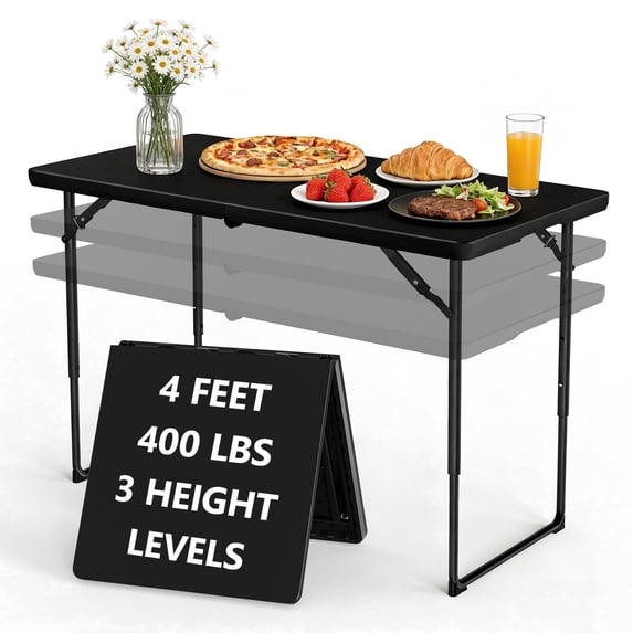 WLLJOY 4 Ft Adjustable Height Folding Table, Max Load 400lbs, Portable Camping Table with Handle for Home Party, Camping Parties and Weddings, Black