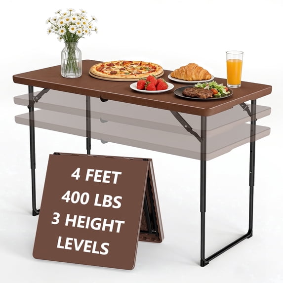 HaiNova 4 Ft Adjustable Height Folding Table, Max Load 400lbs, Portable Camping Table with Handle for Home Party, Camping Parties and Weddings, Brown