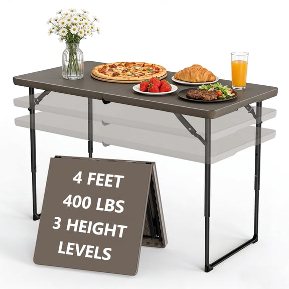 WLLJOY 4 Ft Adjustable Height Folding Table, Max Load 400lbs, Portable Camping Table with Handle for Home Party, Camping Parties and Weddings, Khaki