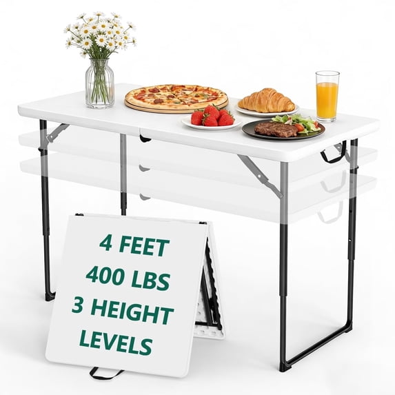 HaiNova 4 Ft Adjustable Height Folding Table, Max Load 400lbs, Portable Camping Table with Handle for Home Party, Camping Parties and Weddings, White
