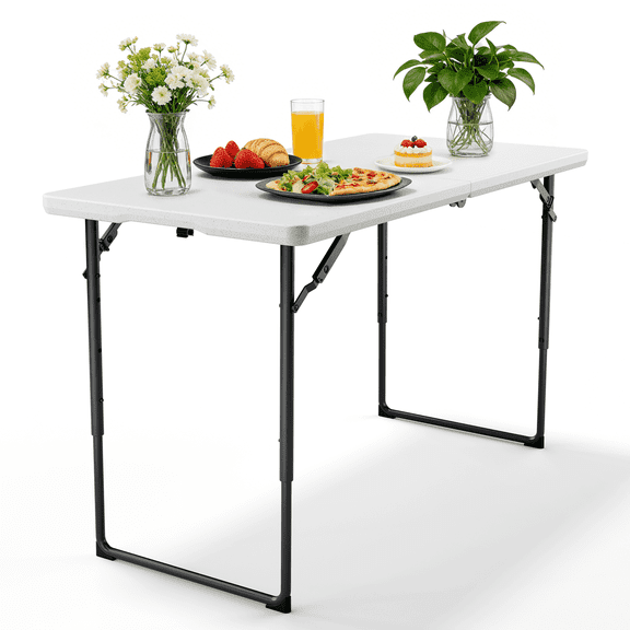 WLLJOY 4 Ft Folding Table , Outdoor Portable Picnic Table with Handle, Waterproof and Scratch-Proof Suitable for Camping Parties and Weddings, White