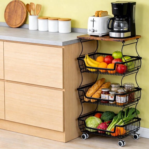 WLLJOY 4-Tier Rolling Pantry Cart with Wheels and Top Shelf, Stackable Wire Pantry Baskets for Pantry Shelves, Kitchen Fruit Basket Stand and Storage Rack for Fruit Snack Book