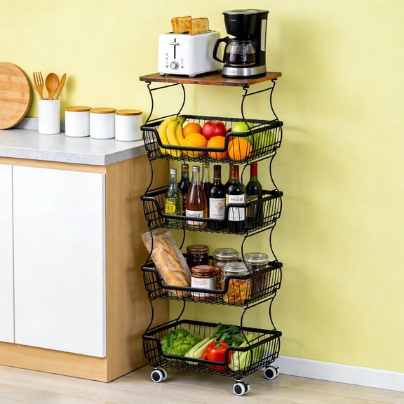 WLLJOY 5-Tier Rolling Pantry Cart with Wheels and Top Shelf, Stackable Wire Pantry Baskets for Pantry Shelves, Kitchen Fruit Basket Stand and Storage Rack for Fruit Snack Book